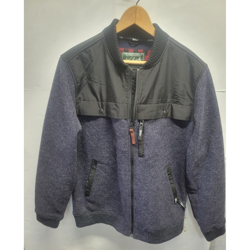Woolrich Mens Wool Blend Bomber Jacket Navy Blue Black Yoke Full Zip Large
